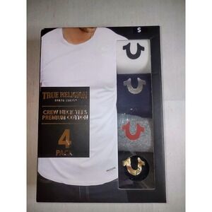 True Religion Mens Crew Neck Cotton 4 Pack T Shirts White Black Navy Grey Size S